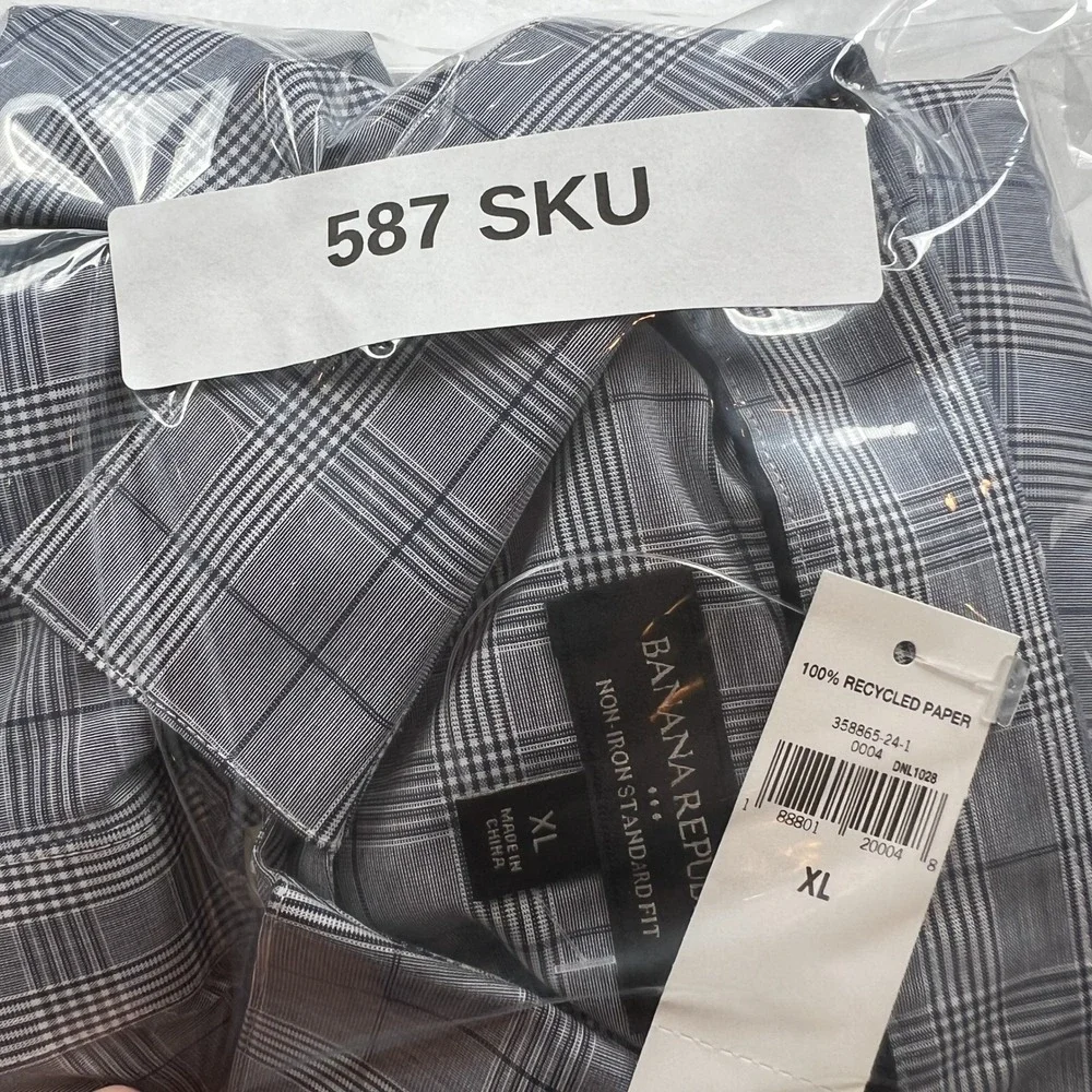 Banana Republic Mens XL Non-Iron Standard Fit Shirt Grey Blue Glen Plaid NWT